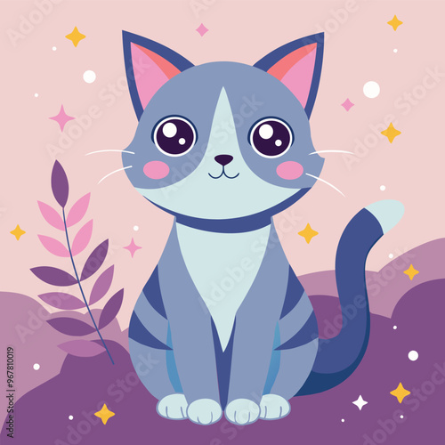 Gray and white cat with big sparkling eyes, pink ears, navy blue striped and tail, pastel background color.