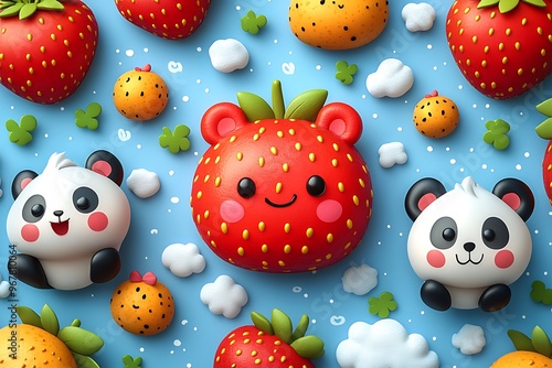 5. A sweet, playful pattern of candy and strawberries, with smiling clouds, soft stripes, and kawaii animals like bunnies and pandas floating in the sky 