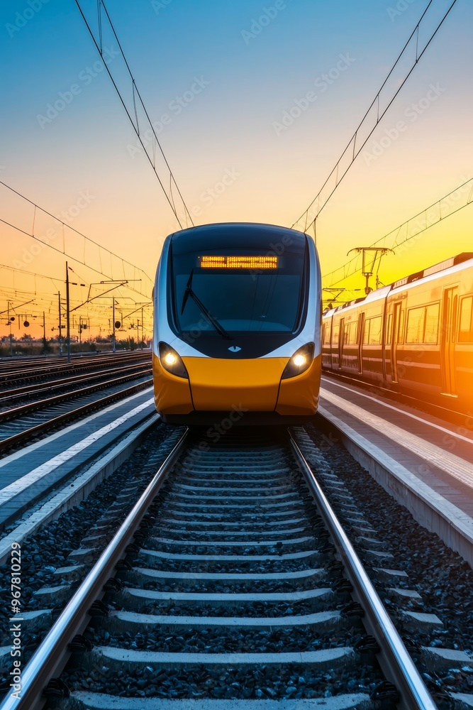 Naklejka premium A transportation hub filled with electric trains, buses, and cars, all powered by renewable energy, achieving carbon neutrality