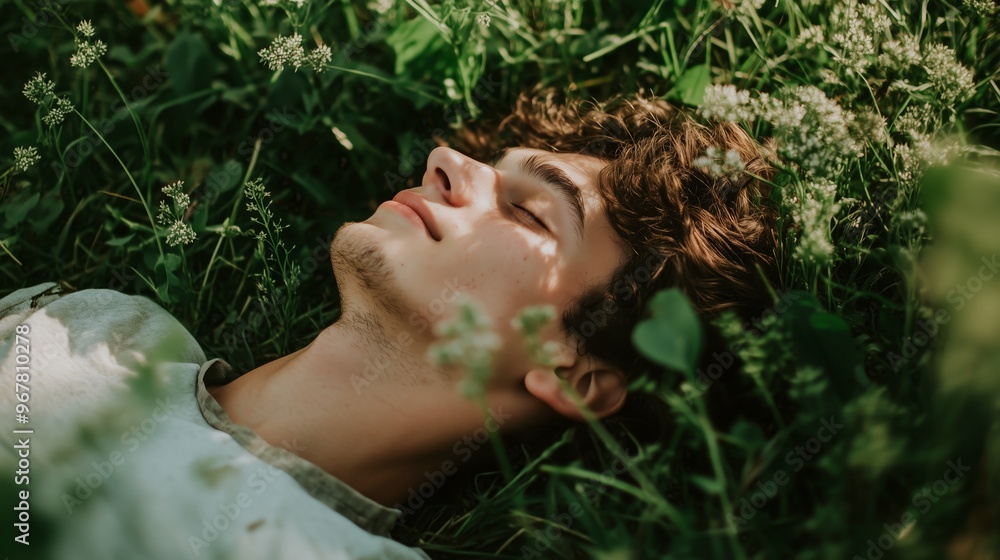 A person lying in a field of grass, looking up at the sky with a peaceful smile. A person lying in a field of grass, looking up at the sky with a peaceful smile.