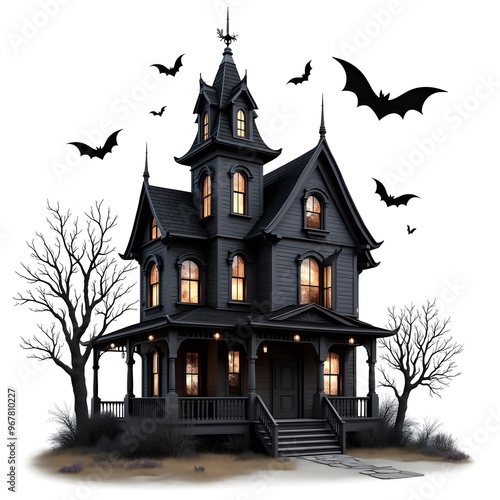 A dark and eerie haunted house with illuminated windows, surrounded by flying bats, leafless trees, and glowing jack-o'-lanterns, capturing the Halloween spirit.