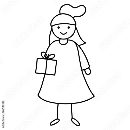 Christmas Silhouette Girl Holding Gift Line Art.