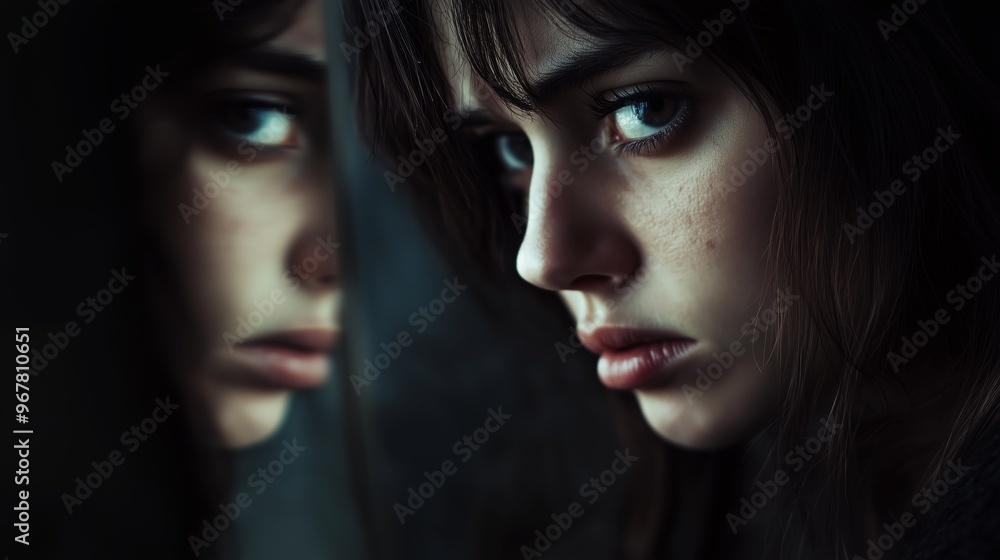 A woman's reflection in a mirror with her eyes closed. Scene is sad and contemplative. A woman's reflection in a mirror with her eyes closed. Scene is sad and contemplative.