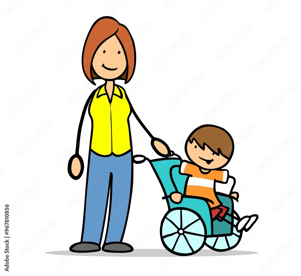 Illustration of a smiling parent standing beside a happy child in a wheelchair, showcasing love and support in family life. Illustration of a smiling parent standing beside a happy child in a wheelchair, showcasing love and support in family life.