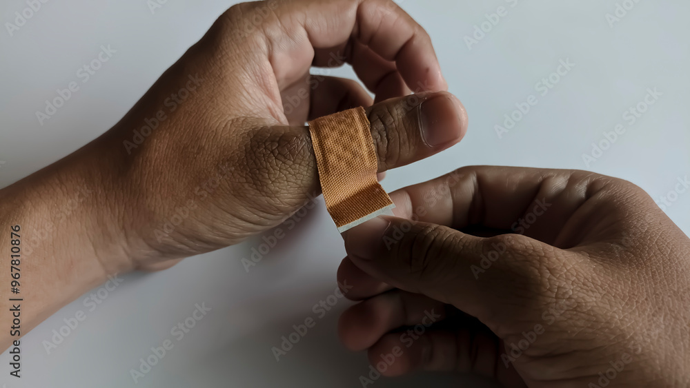 Hands Applying Bandage on Finger – First Aid Concept Hands Applying Bandage on Finger – First Aid Concept