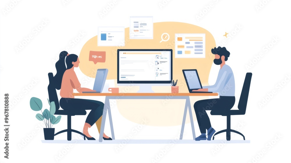 Two people working together at a desk, one with a laptop and one on a desktop computer, with a plant in the corner. Two people working together at a desk, one with a laptop and one on a desktop computer, with a plant in the corner.
