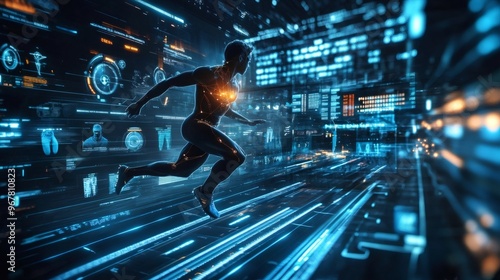 Futuristic athlete running through a digital tunnel with glowing lines.