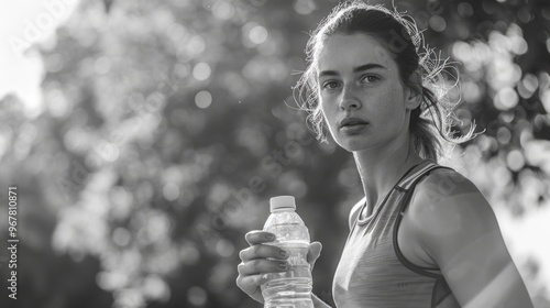 Young woman wearing athletic gear, stopping to take a drink from her water bottle after a run. Her hair is disheveled by the wind and sweat, indicating a high-energy activity