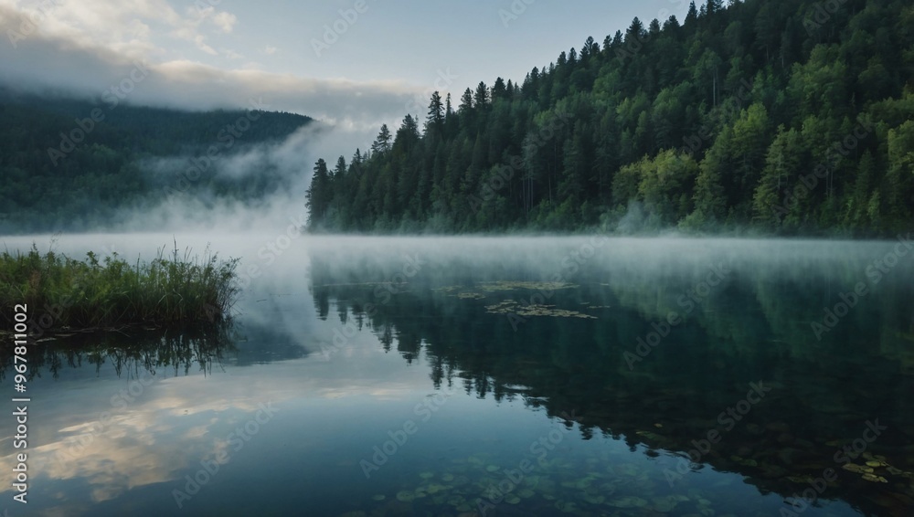 A mystical mist hovers above a large lake surrounded by dense forests. A mystical mist hovers above a large lake surrounded by dense forests.