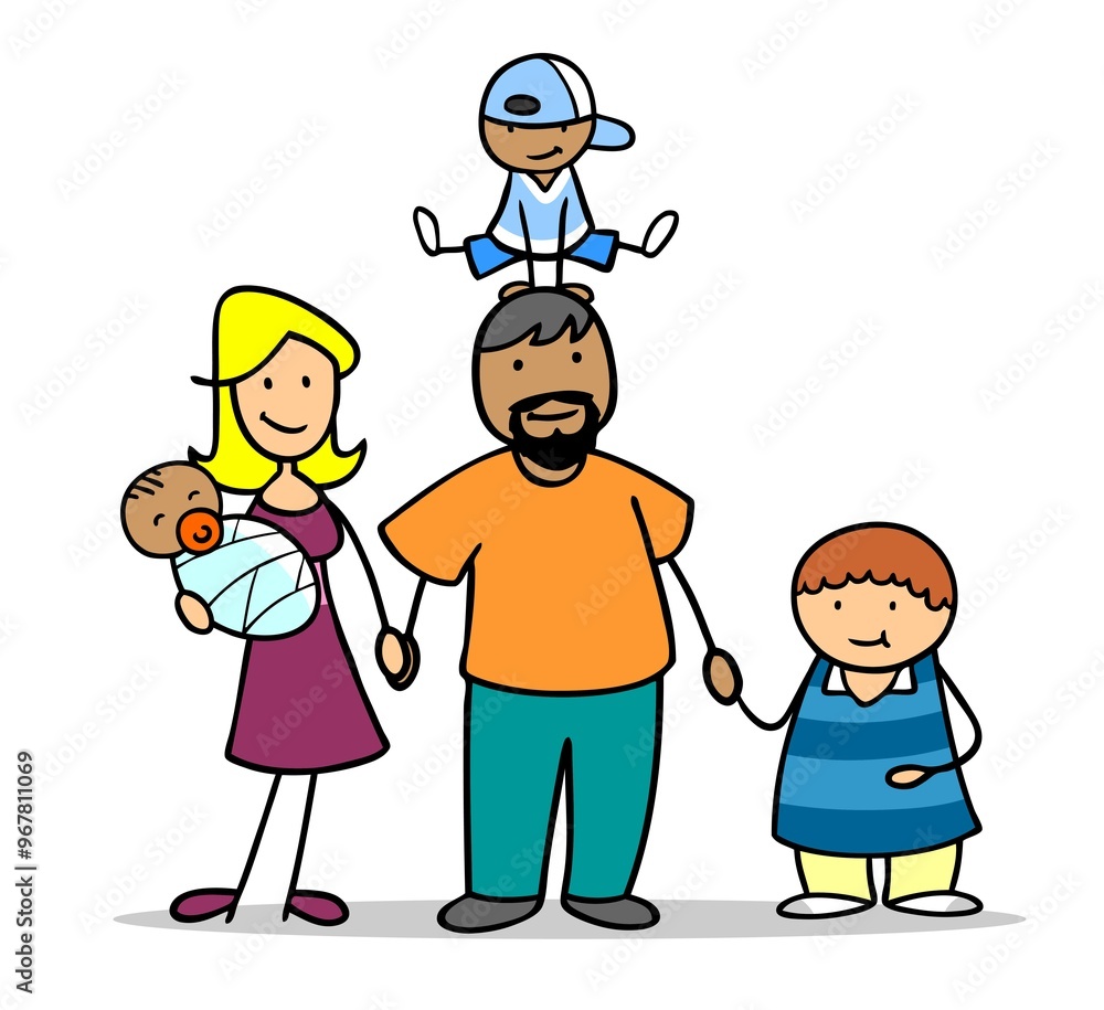 Illustration of a happy family with parents holding children and a baby, highlighting love and togetherness Illustration of a happy family with parents holding children and a baby, highlighting love and togetherness