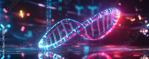 A glowing DNA strand made of bright neon light, floating against a dark, high-tech backdrop with soft reflections and glowing edges.