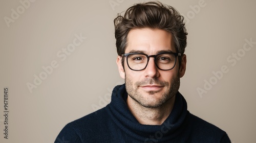 A serious late-40s Caucasian man with graying hair and glasses, wearing a navy blue sweater against a soft beige background