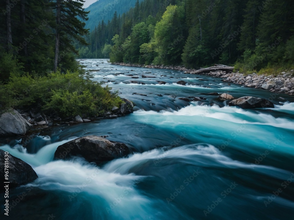A picturesque blue river rushing through a dense mountain forest in a serene landscape. A picturesque blue river rushing through a dense mountain forest in a serene landscape.