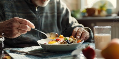 An elderly man sitting at a table enjoying a breakfast of fruits and nuts, highlighting the importance of a balanced diet for senior citizens.