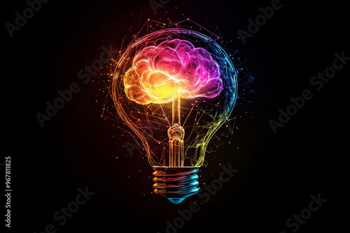 A glowing lightbulb made of swirling neon colors, floating above a geometric brain, symbolizing innovation and new ideas on a sleek black backdrop.