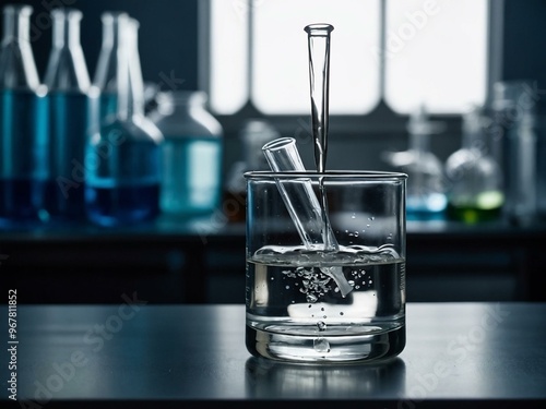 A pipette pouring liquid into a glass beaker in a lab setting.