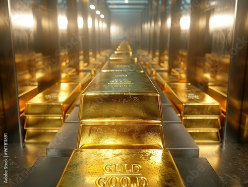 A long, narrow vault filled with stacks of gold bars