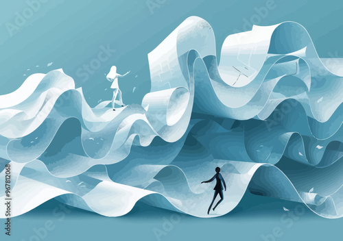 Business Paper Tsunami: Overwhelming Bureaucracy Concept with Minimalist Illustration of People Struggling Amid Waves of Paperwork Battling Bureaucratic Pressure
