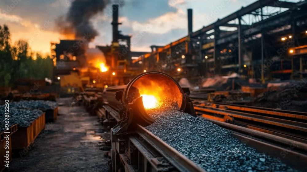 Fototapeta premium Molten steel being processed in an industrial factory, showing the intense heat and mechanical precision of steel manufacturing.