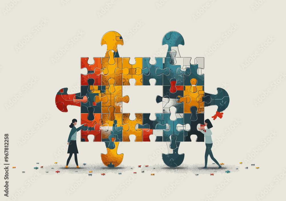 Fototapeta premium Collaborative Solution Concept: Workers Solving Puzzle Together in Minimalistic Illustration Symbolizing Teamwork and Problem-Solving in Business