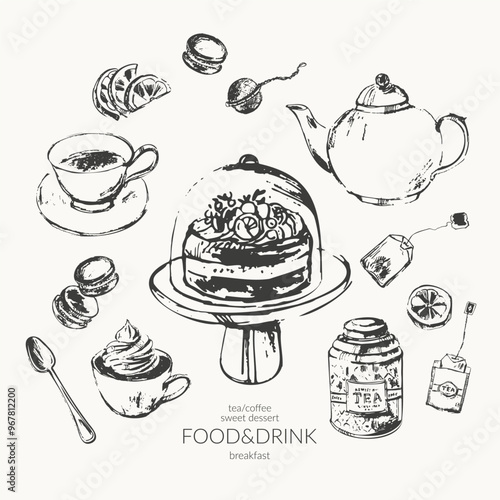 Hand drawn vector food ink sketch illustration. Tea, coffee, breakfast set, sweet dessert, cake stand, teapot, cup, sieve, macarons, teabag