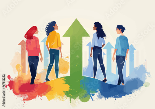 Female team collaboration, growth and success with rising arrow, abstract colorful vector illustration, empowering business journey, teamwork, leadership, motivational concept