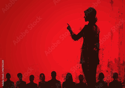 Female Leader Motivating Team with Vision and Determination Against Red Minimalist Background, Empowering Business Progress Concept