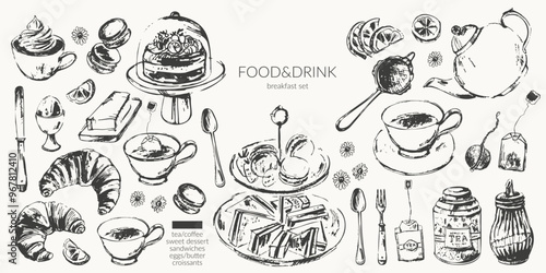 Hand drawn vector food ink sketch illustration. Tea, coffee, breakfast croissant, egg, butter, sweet dessert, cake stand, teapot, cup, sieve, sugar bowl, sandwiches