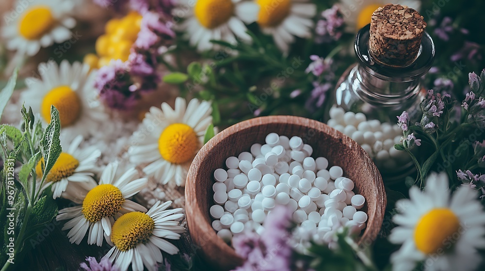 Close-up of various homeopathic pills and liquids displayed alongside fresh herbs and flowers, creating a peaceful, natural health-focused atmosphere Close-up of various homeopathic pills and liquids displayed alongside fresh herbs and flowers, creating a peaceful, natural health-focused atmosphere