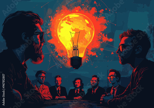 Business Team Brainstorming New Project Under Glowing Light Bulb, Creative Ideas Discussion, Nighttime Collaboration, Vector Illustration photo