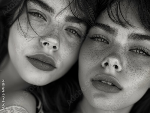 Close-up of a woman with freckles, wearing makeup and lipstick, looking directly at the camera.