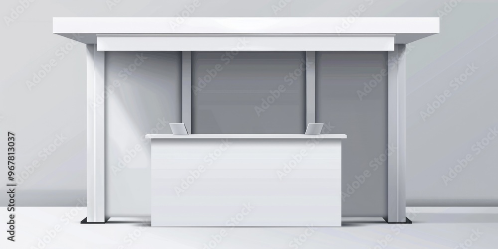 A modern gray reception desk with clean lines and a professional appearance. Ideal for business settings or meeting spaces. A modern gray reception desk with clean lines and a professional appearance. Ideal for business settings or meeting spaces.
