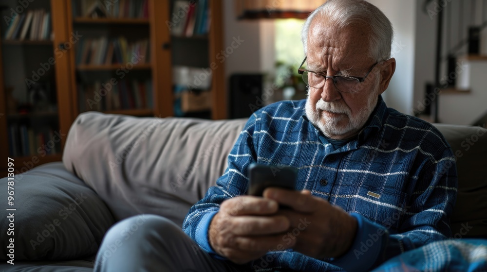 An older man in a cozy living room environment, using a cell phone or tablet. Possibly enjoying leisure time or engaging with modern technology for communication and entertainment purposes. An older man in a cozy living room environment, using a cell phone or tablet. Possibly enjoying leisure time or engaging with modern technology for communication and entertainment purposes.