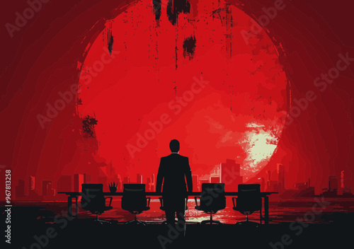 Business Leader Presenting Visionary Strategy at Night, Highlighting Ambitious Future Plans in Modern Corporate Setting, Red Background, Minimalistic Vector Illustration, Inspirational Leadership
