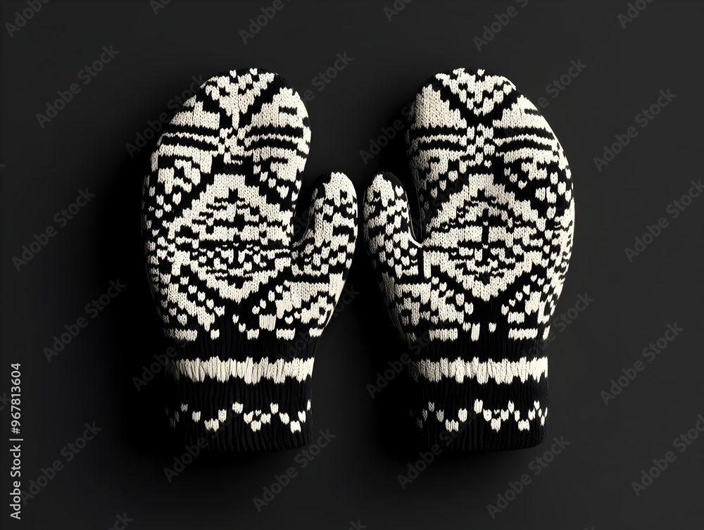 Minimalist Merino Wool Mittens with Modern Graphic Pattern in Crisp Monochrome Tones Minimalist Merino Wool Mittens with Modern Graphic Pattern in Crisp Monochrome Tones