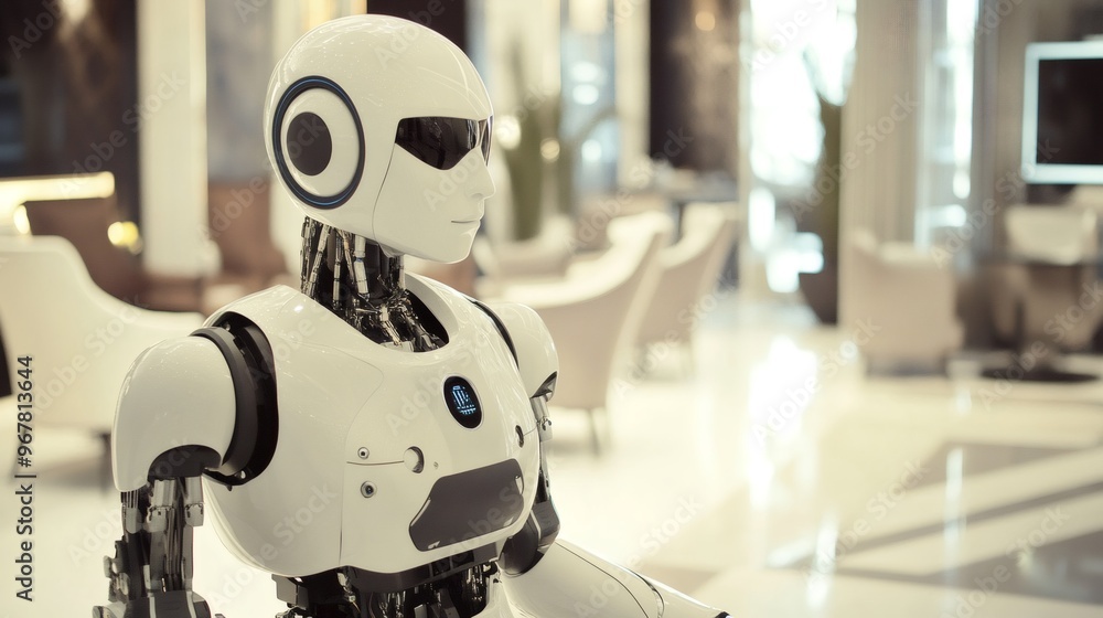 White humanoid robot standing in a modern office space, with a blurred background. White humanoid robot standing in a modern office space, with a blurred background.