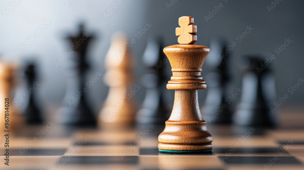 Close-up of a wooden chess king piece standing on a chessboard, with out-of-focus chess pieces in the background. Close-up of a wooden chess king piece standing on a chessboard, with out-of-focus chess pieces in the background.