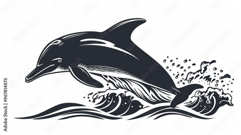 Obraz premium Illustration of playful dolphin riding waves.