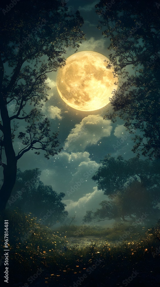 Fototapeta premium Luminous Moonlight Glade Ethereal Forest Dreamscape in Impressionistic Style