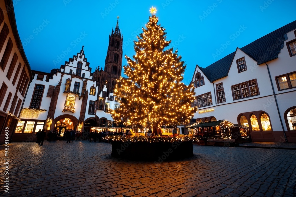 Fototapeta premium A holiday postcard from a European city square, with a beautifully lit Christmas tree, historic architecture, and holiday markets