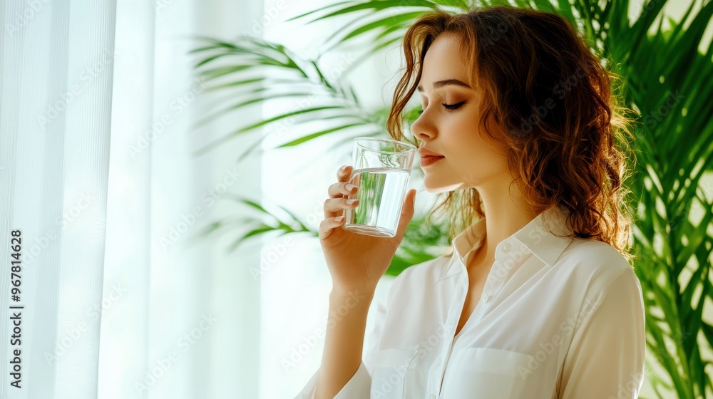 A serene woman enjoying a glass of water, surrounded by lush greenery, symbolizing health and tranquility in a bright setting. A serene woman enjoying a glass of water, surrounded by lush greenery, symbolizing health and tranquility in a bright setting.
