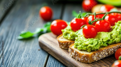 Whole grain toast topped with smashed avocado and cherry tomatoes, brain-boosting breakfast, simple and healthy photo