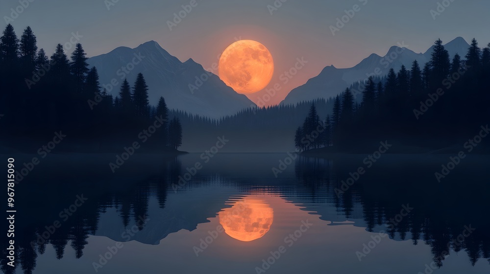 Serene Harvest Moon Reflected in Tranquil Lake Surrounded by Towering Mountains and Evergreen Forests