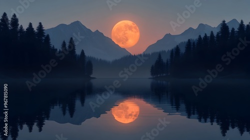 Obraz na płótnie Serene Harvest Moon Reflected in Tranquil Lake Surrounded by Towering Mountains and Evergreen Forests w salonie