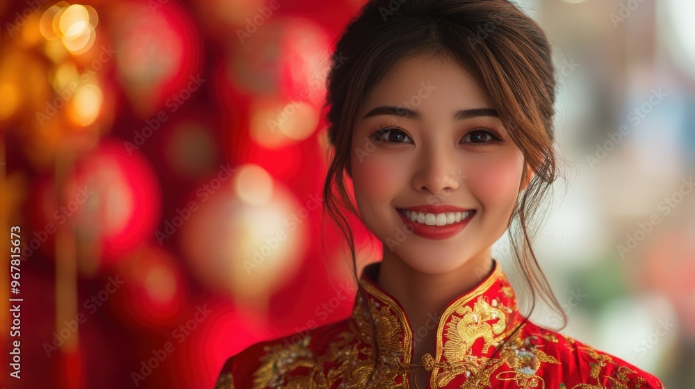 Joyful Asian Woman in Festive Lunar New Year Outfit Amidst Red and Gold Decor Joyful Asian Woman in Festive Lunar New Year Outfit Amidst Red and Gold Decor