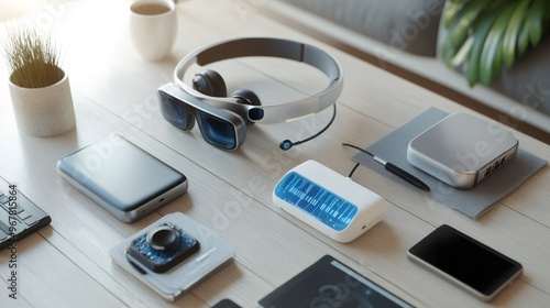 Modern technology devices on a white wooden table with green plant and a coffee cup.