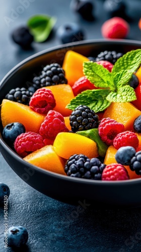 Colorful fruit salad with a mix of berries, citrus, and melon, rich in antioxidants, brain health focus