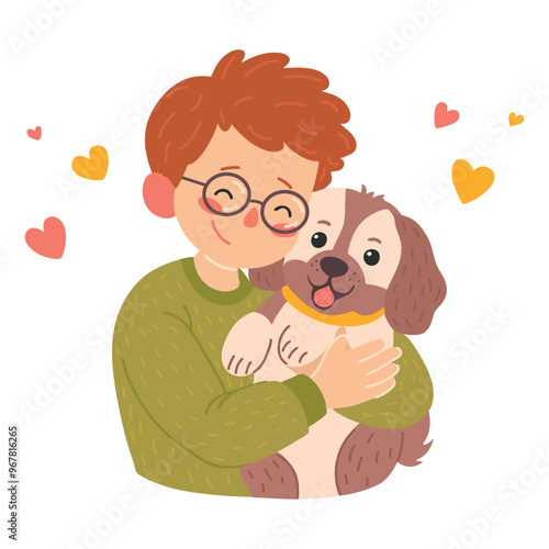 Boy hug dog. Young man hugging puppy with love. Kid and dog vector illustration, children puppy friend, pup animal owner happy child cartoon vector illustration