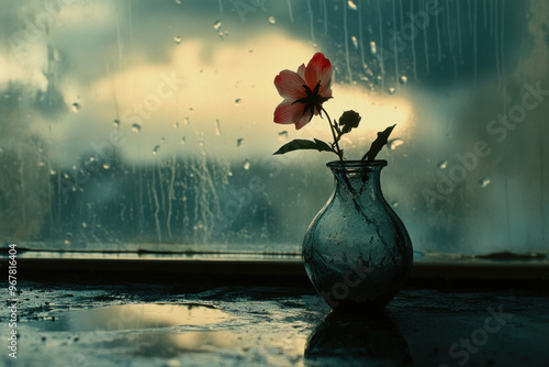 A wilted flower in broken vase sits on windowsill, capturing moment of beauty amidst rain. soft light and blurred background evoke sense of melancholy and reflection