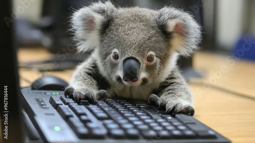 A curious koala investigating the computer keyboard, their fluffy gray fur and wide-eyed expression adding a touch of whimsy to the office photo